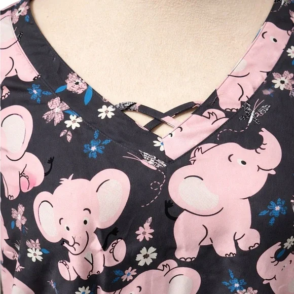 Butter-Soft Originals 3X Scrub Top Pink Elephant Print Plus Size - Picture 2 of 7